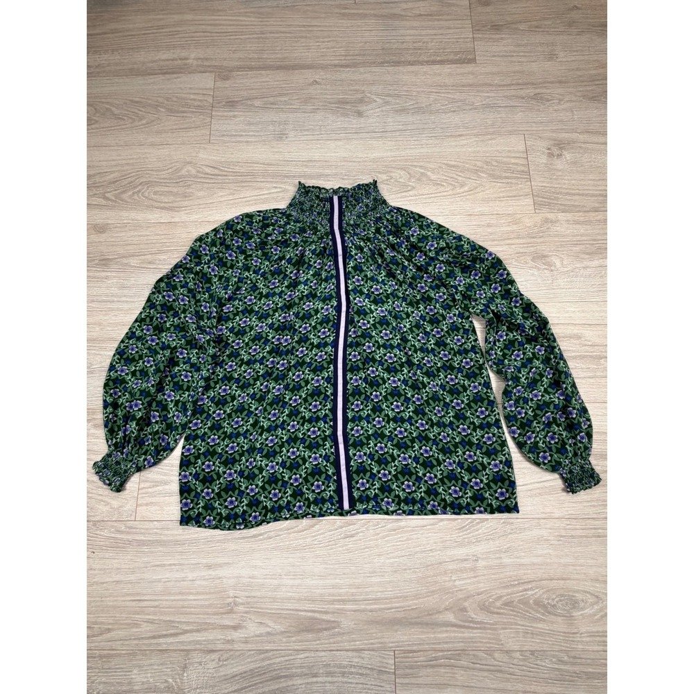 Rungolee Womens Green‎ Blue Floral 100% Silk Smocked Mock Neck Blouse XS